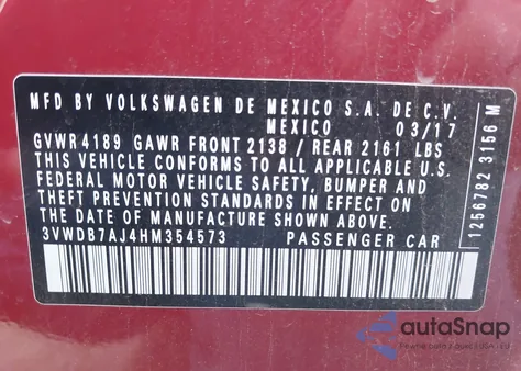 2017 Volkswagen Jetta 1.4T Se z USA, uszkodzony, nr VIN 3VWDB7AJ4HM354573